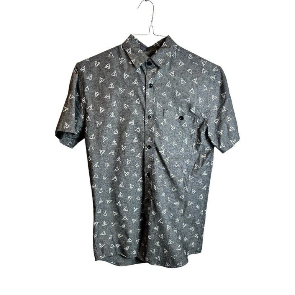 Harry Potter Short Sleeve Button Up Gray Deathly Hallows Size S